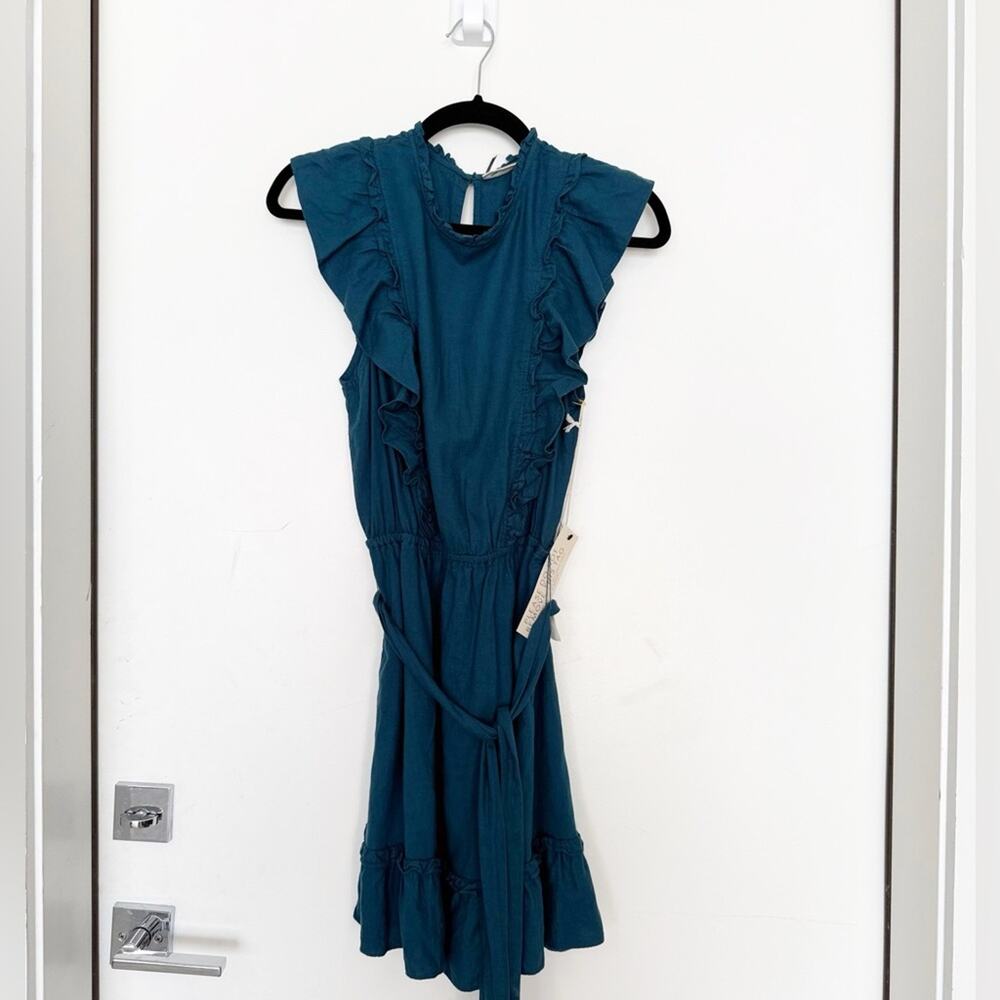 NWT NEW Happy Nature Turquoise Ruffle Linen Blend Dress